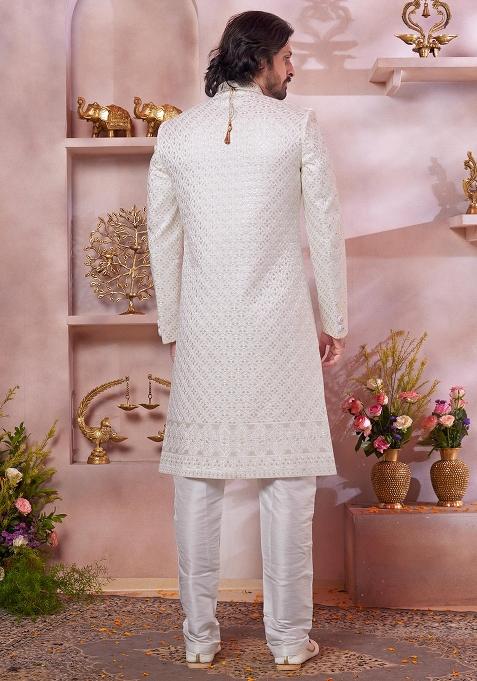 Cream Embroidered Art Silk Sherwani Set For Men