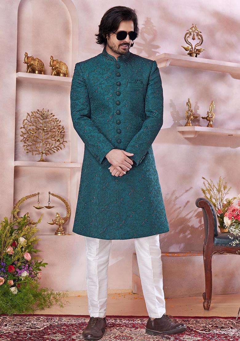Green Embroidered Art Silk Sherwani Set For Men