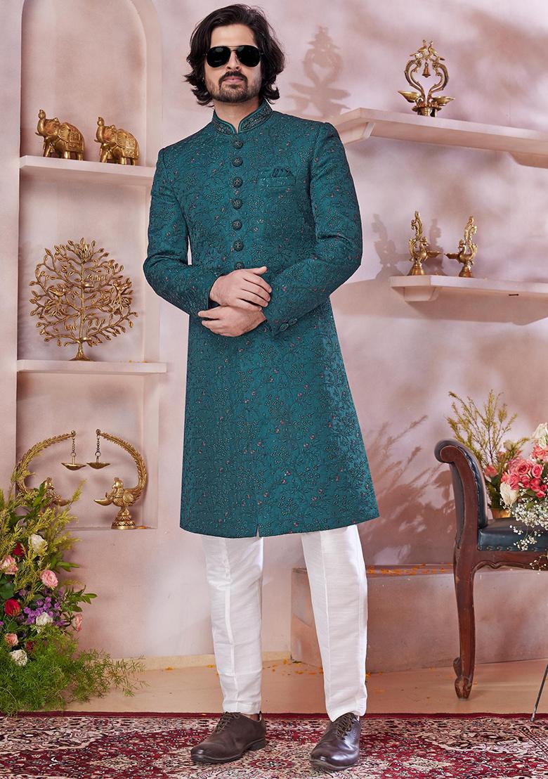 Green Embroidered Art Silk Sherwani Set For Men