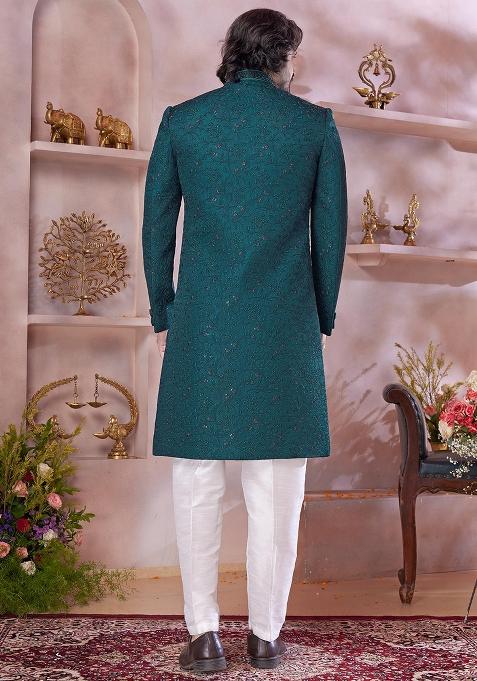 Green Embroidered Art Silk Sherwani Set For Men