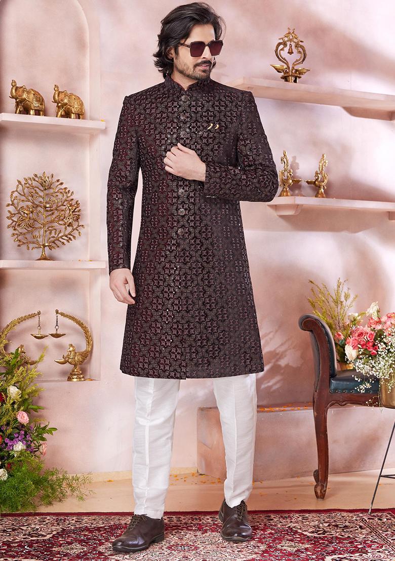 Maroon Embroidered Velvet Sherwani Set For Men