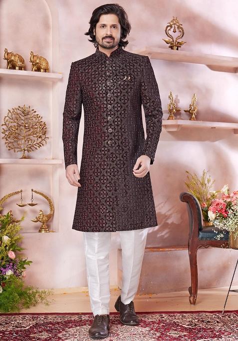 Maroon Embroidered Velvet Sherwani Set For Men