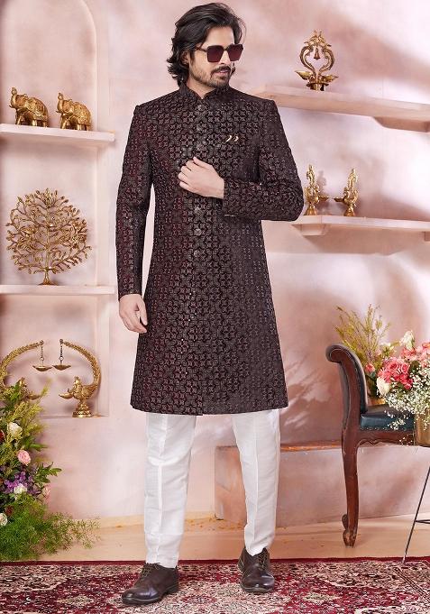 Maroon Embroidered Velvet Sherwani Set For Men