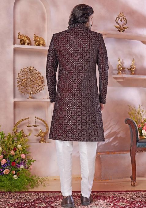 Maroon Embroidered Velvet Sherwani Set For Men