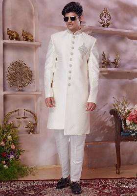 Cream Embroidered Jacquard Sherwani Set For Men