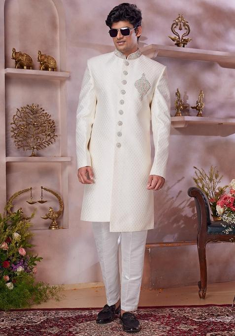 Cream Embroidered Jacquard Sherwani Set For Men — view on Indya