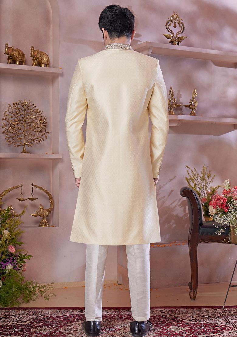Gold Embroidered Jacquard Sherwani Set For Men