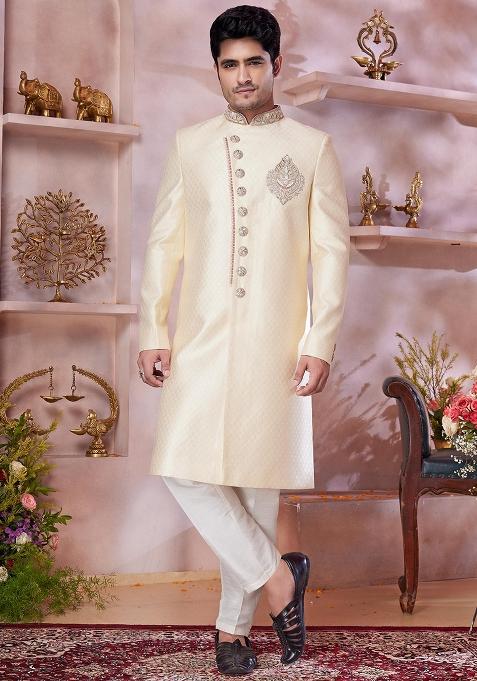Gold Embroidered Jacquard Sherwani Set For Men