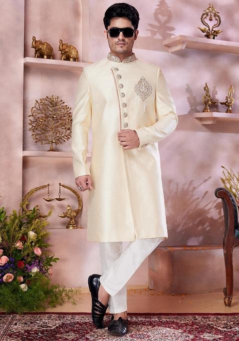 Gold Embroidered Jacquard Sherwani Set For Men