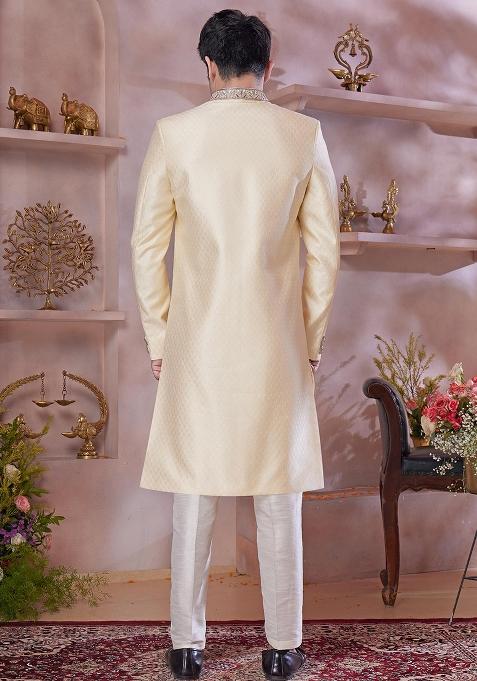 Gold Embroidered Jacquard Sherwani Set For Men