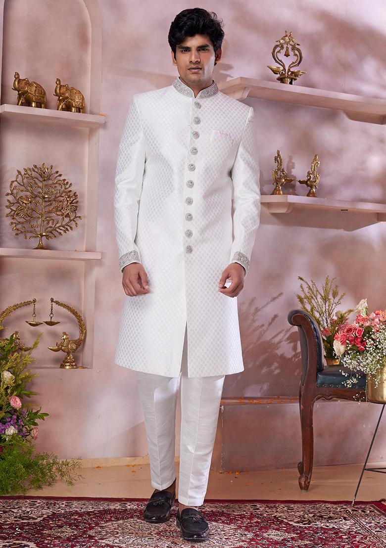 Off White Embroidered Jacquard Sherwani Set For Men