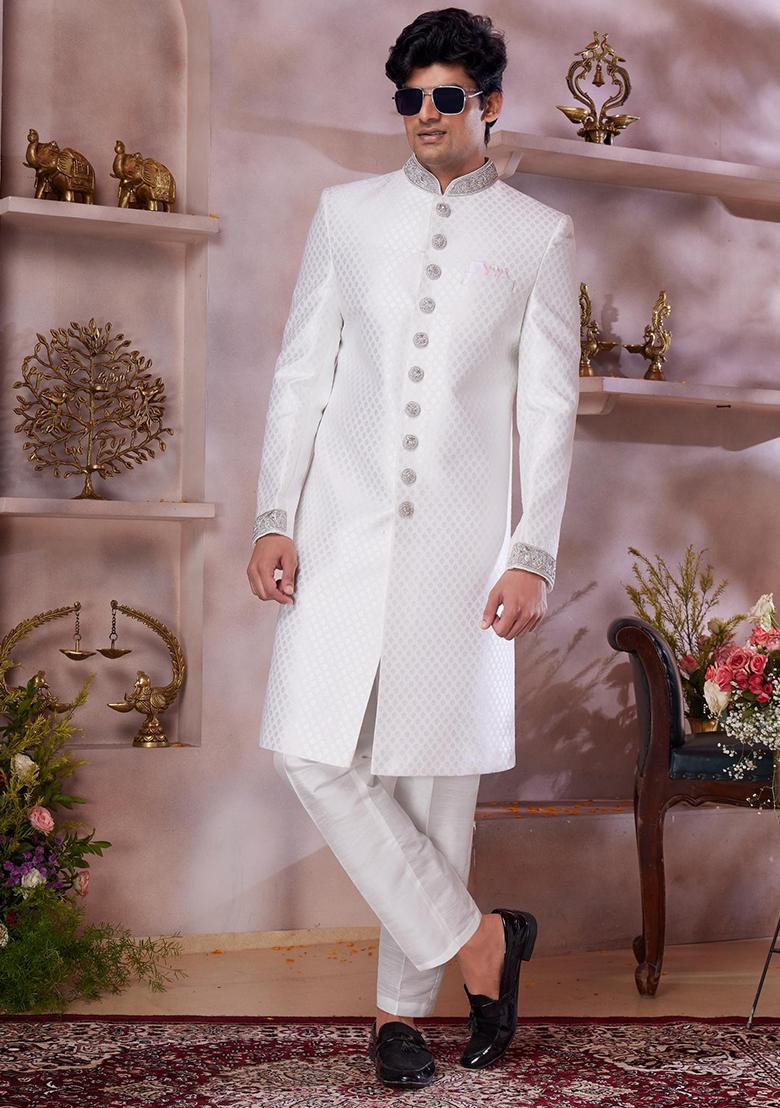 Off White Embroidered Jacquard Sherwani Set For Men