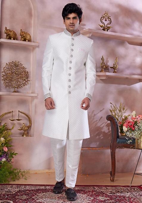 Off White Embroidered Jacquard Sherwani Set For Men