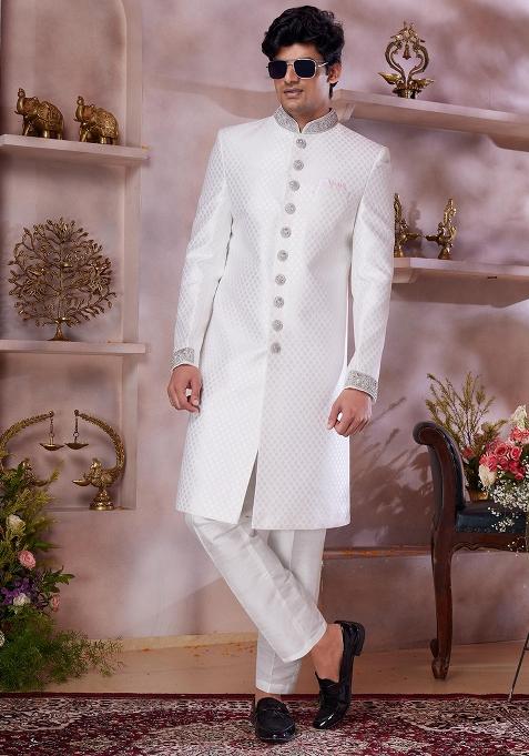 Off White Embroidered Jacquard Sherwani Set For Men