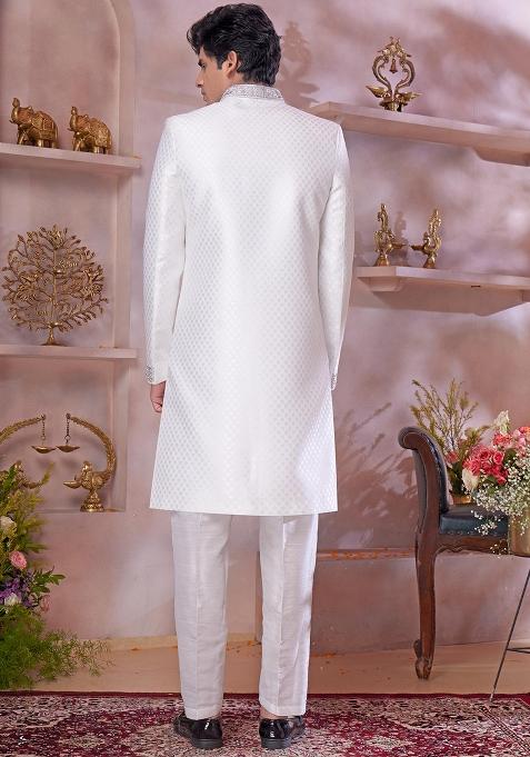 Off White Embroidered Jacquard Sherwani Set For Men