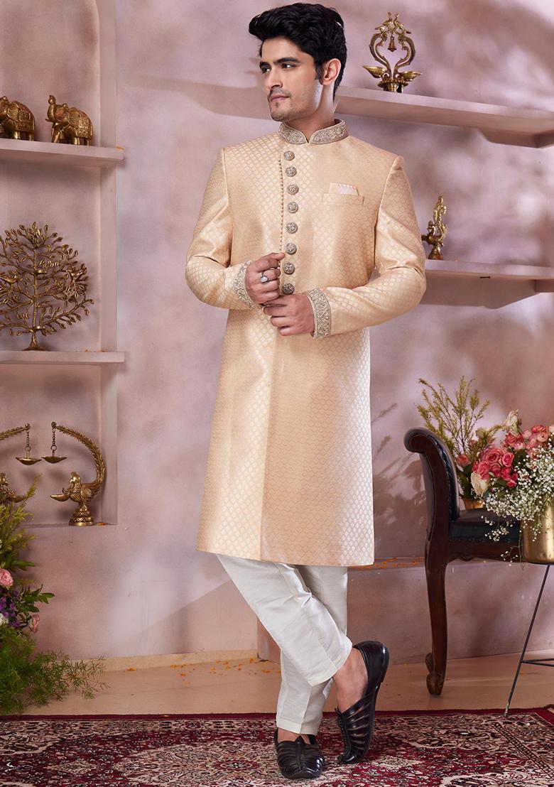 Dark Gold Embroidered Jacquard Sherwani Set For Men
