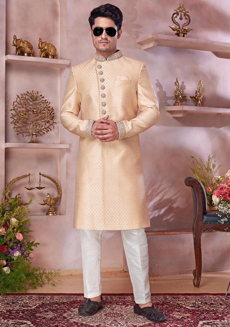 Dark Gold Embroidered Jacquard Sherwani Set For Men - Indya