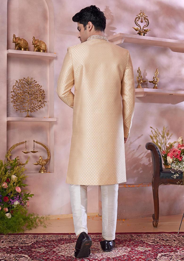 Dark Gold Embroidered Jacquard Sherwani Set For Men