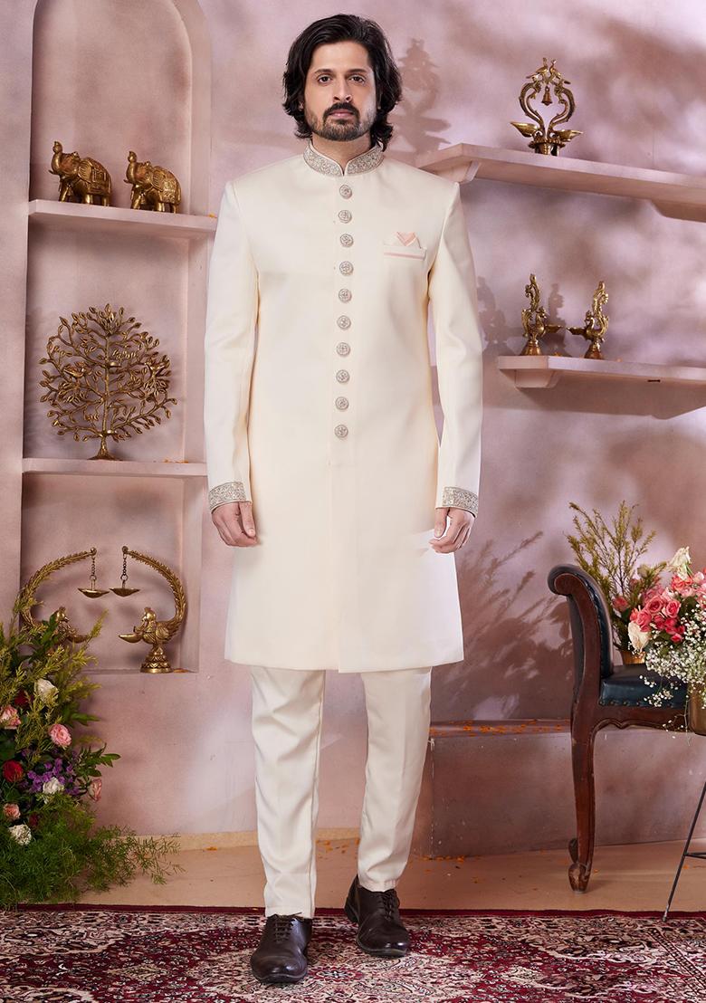 Cream Embroidered Blended Sherwani Set For Men