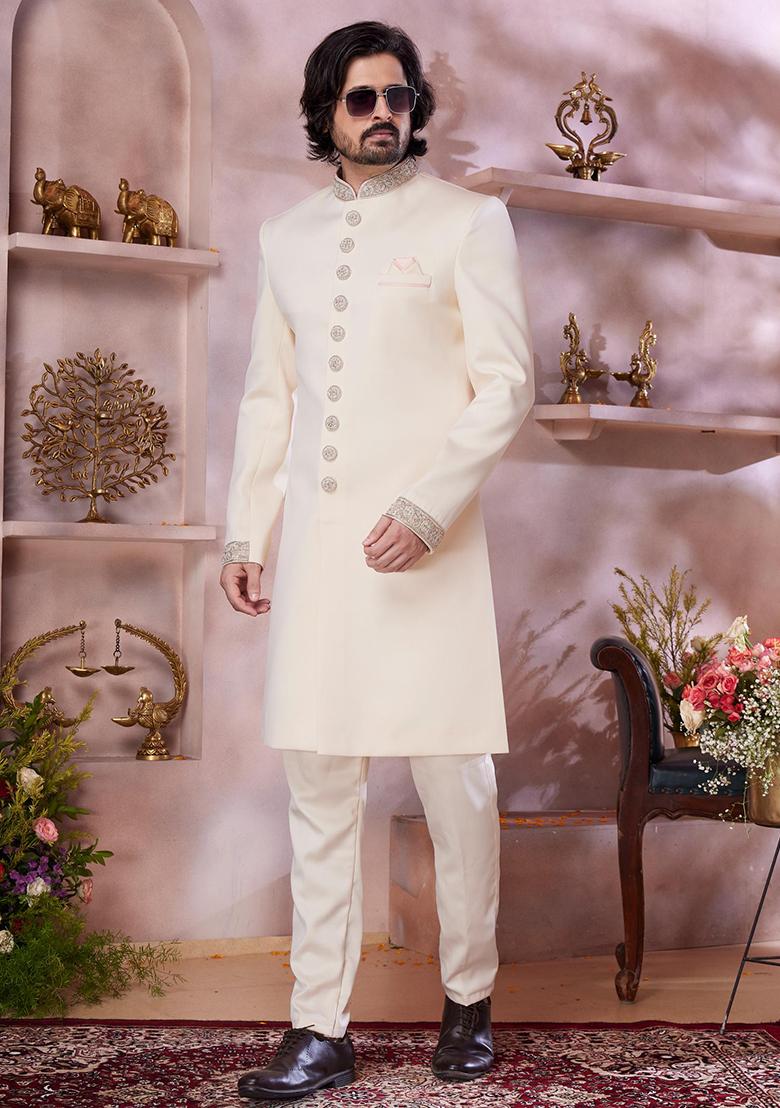 Cream Embroidered Blended Sherwani Set For Men