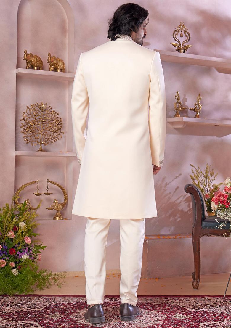 Cream Embroidered Blended Sherwani Set For Men