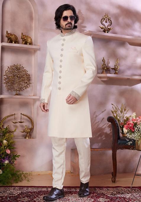 Cream Embroidered Blended Sherwani Set For Men