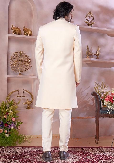 Cream Embroidered Blended Sherwani Set For Men