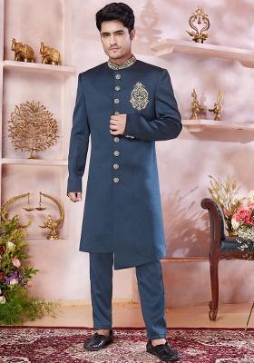 Green Embroidered Blended Sherwani Set For Men