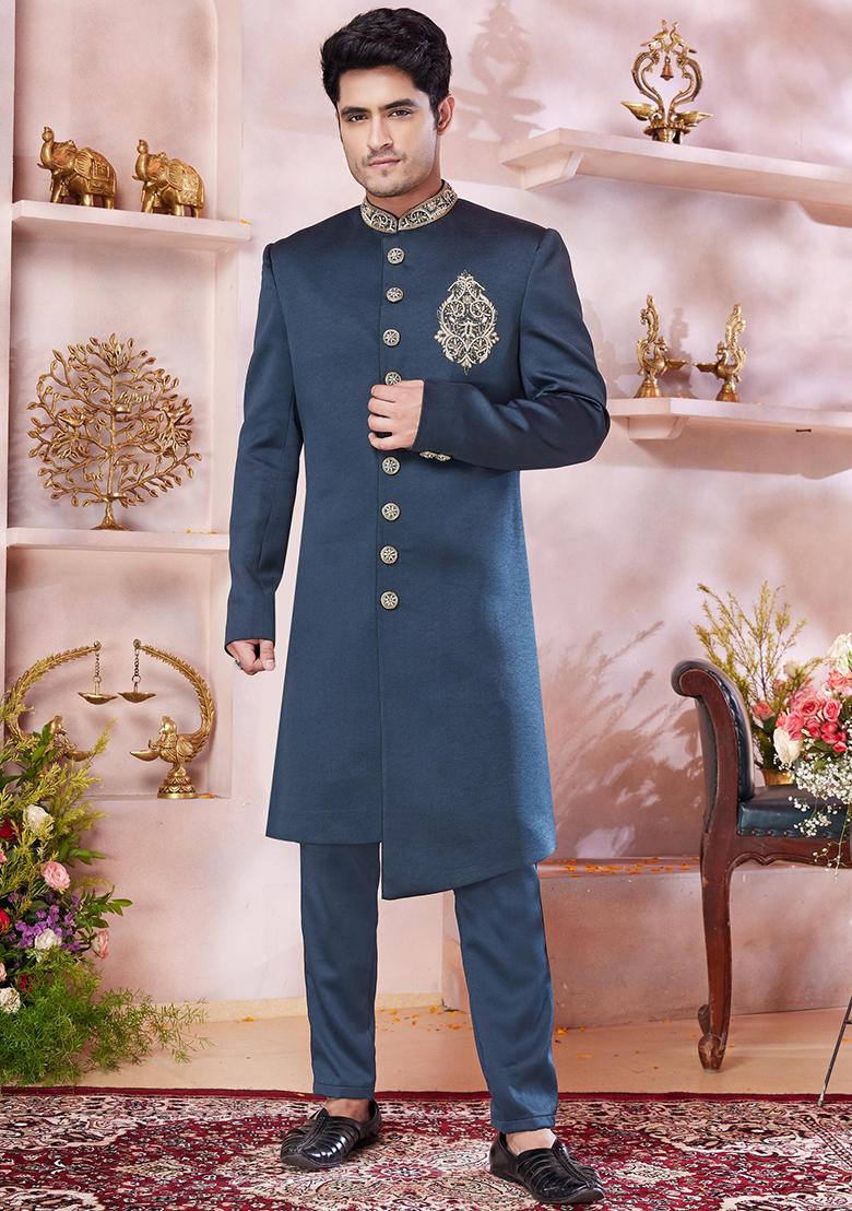 Green Embroidered Blended Sherwani Set For Men