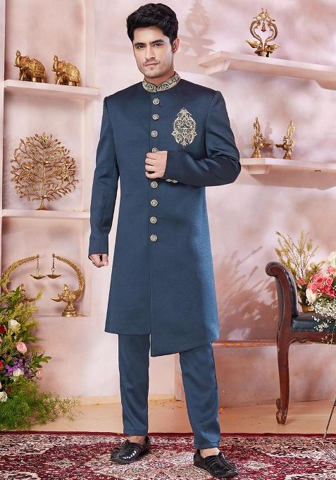 Green Embroidered Blended Sherwani Set For Men
