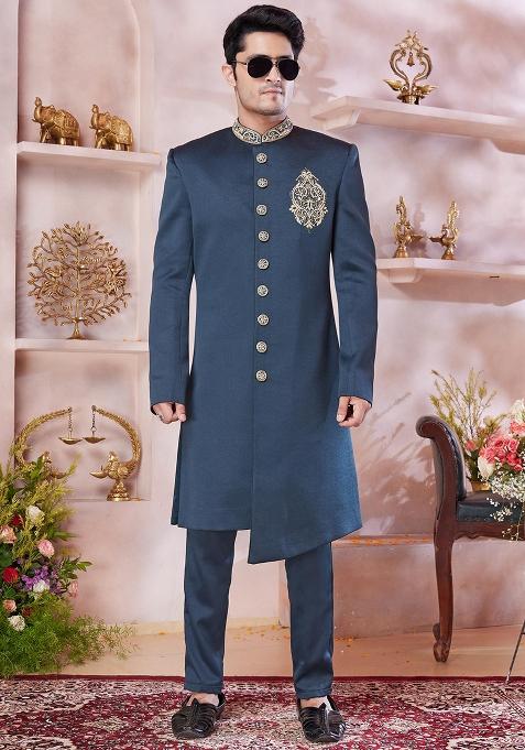 Green Embroidered Blended Sherwani Set For Men