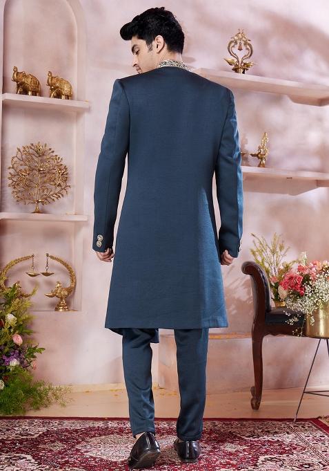 Green Embroidered Blended Sherwani Set For Men