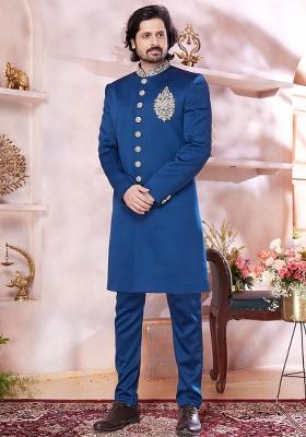 Blue Embroidered Blended Sherwani Set For Men
