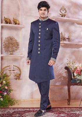 Blue Embroidered Blended Sherwani Set For Men