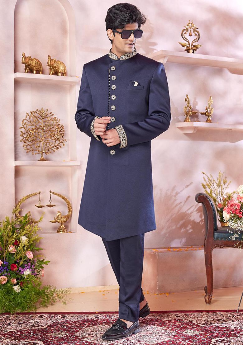 Blue Embroidered Blended Sherwani Set For Men - Indya