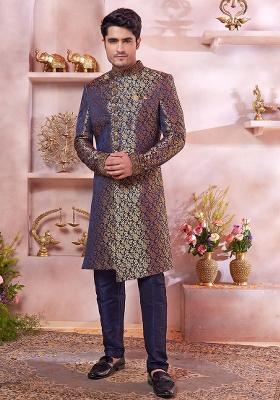 Blue Embroidered Jacquard Sherwani Set For Men