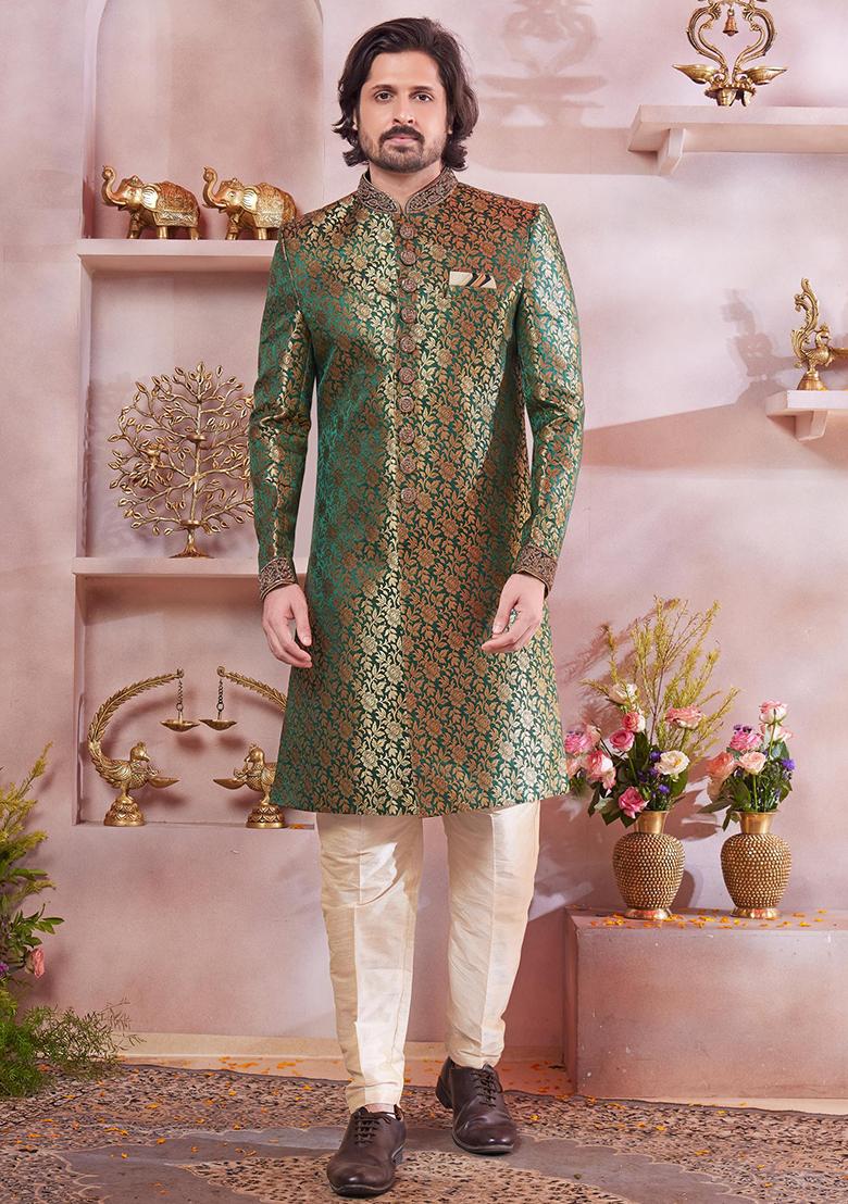Green Embroidered Jacquard Sherwani Set For Men