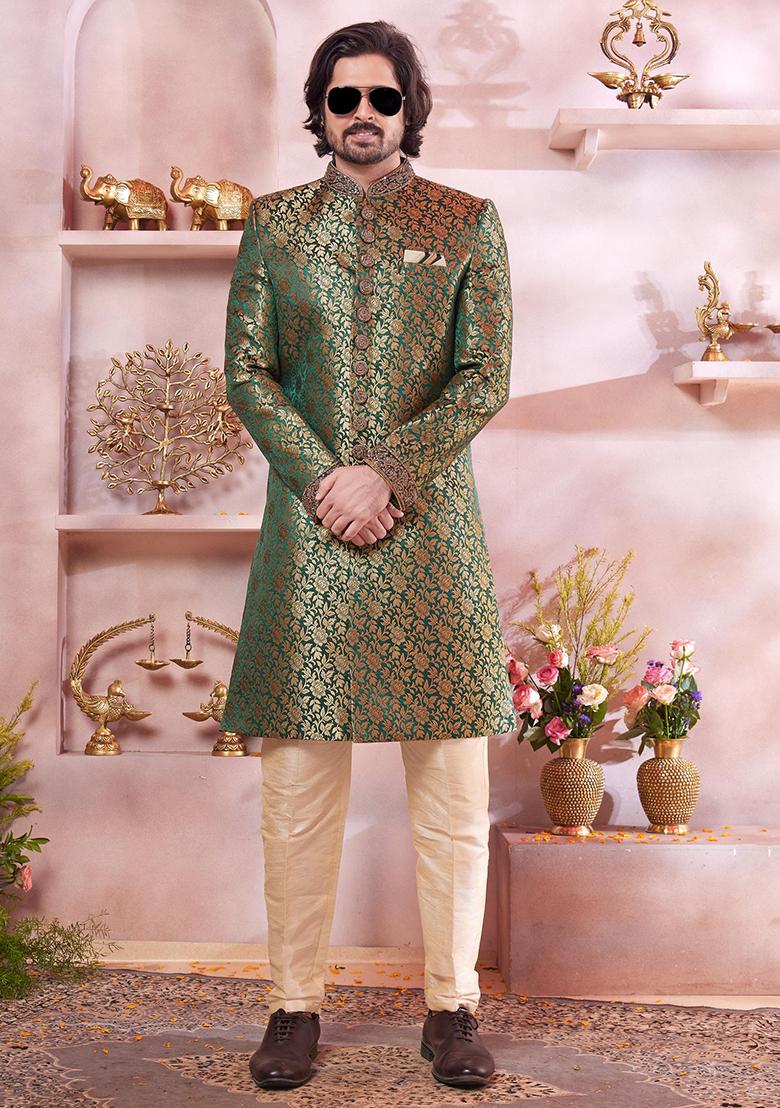 Green Embroidered Jacquard Sherwani Set For Men