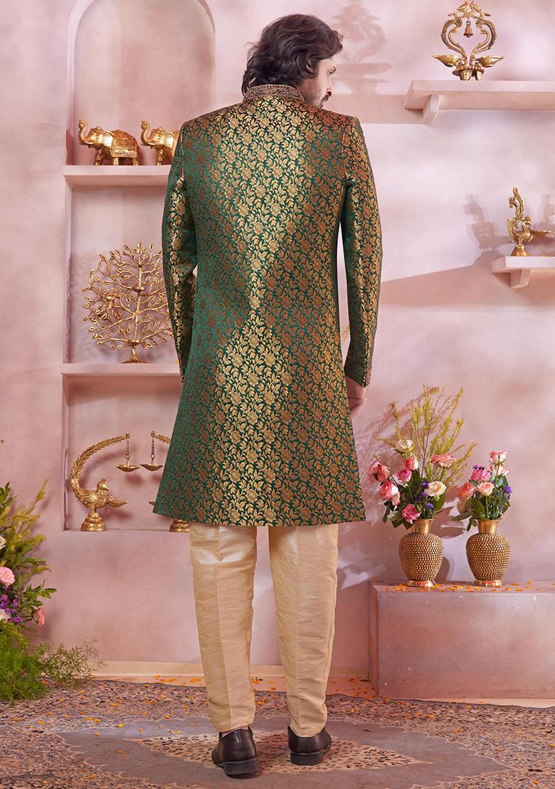 Green Embroidered Jacquard Sherwani Set For Men