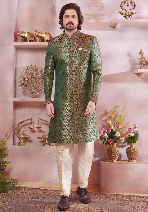 Green Embroidered Jacquard Sherwani Set For Men