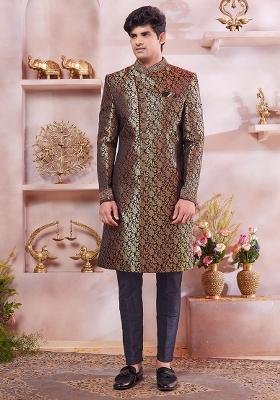 Black Embroidered Jacquard Sherwani Set For Men