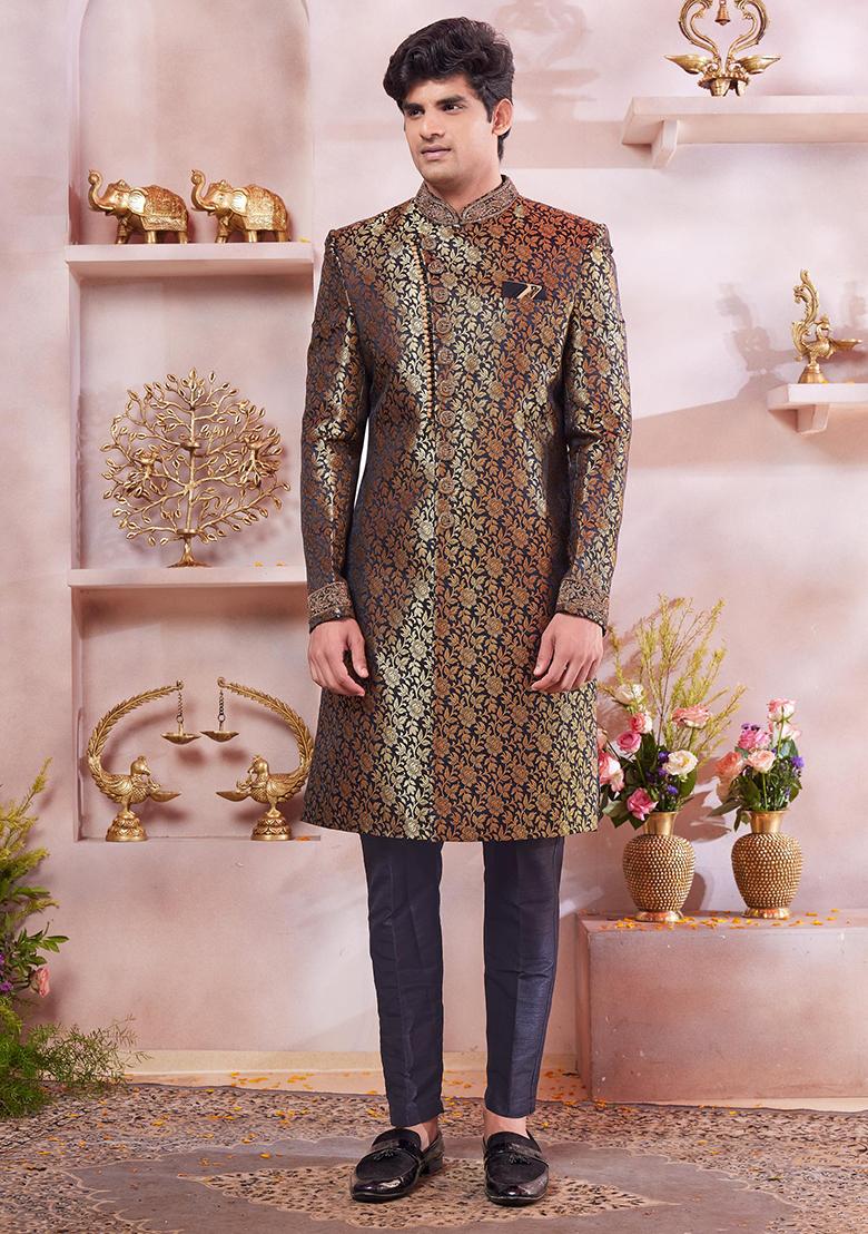 Black Embroidered Jacquard Sherwani Set For Men
