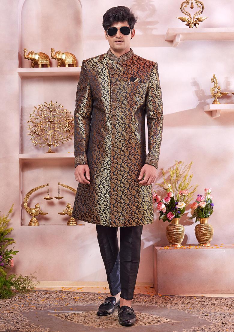 Black Embroidered Jacquard Sherwani Set For Men