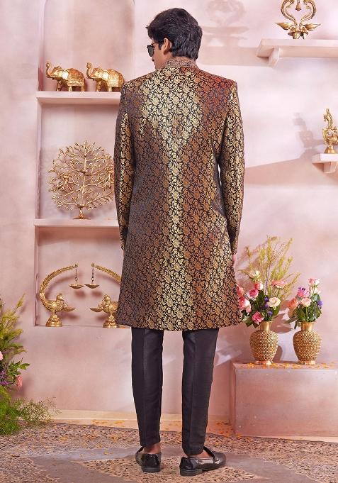 Black Embroidered Jacquard Sherwani Set For Men