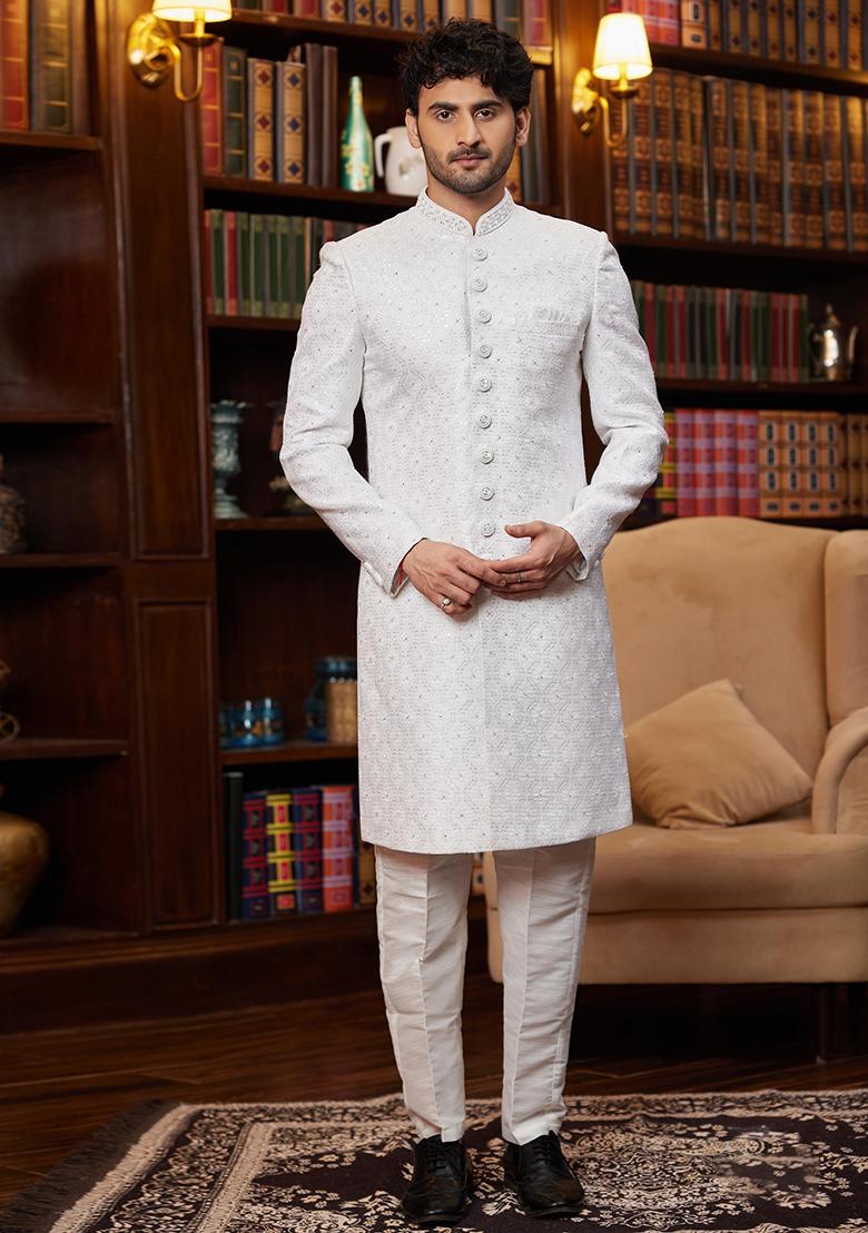Off White Embroidered Jacquard Sherwani Set For Men