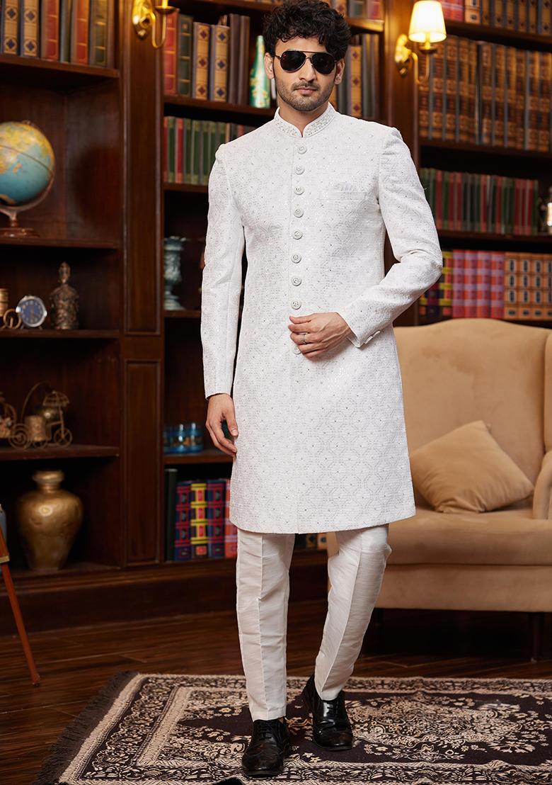 Off White Embroidered Jacquard Sherwani Set For Men