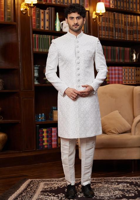 Off White Embroidered Jacquard Sherwani Set For Men