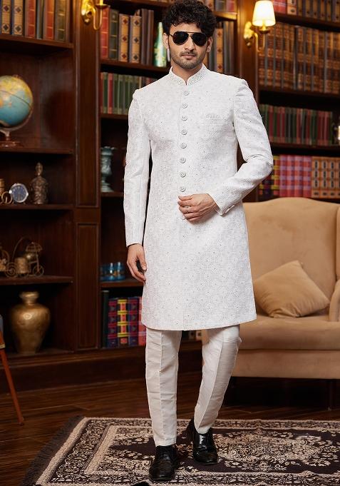 Off White Embroidered Jacquard Sherwani Set For Men