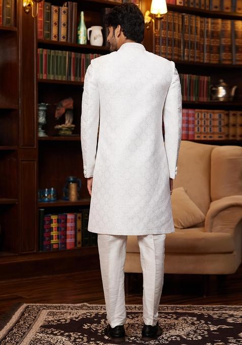 Off White Embroidered Jacquard Sherwani Set For Men