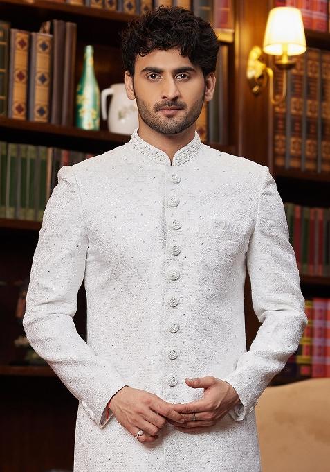 Off White Embroidered Jacquard Sherwani Set For Men